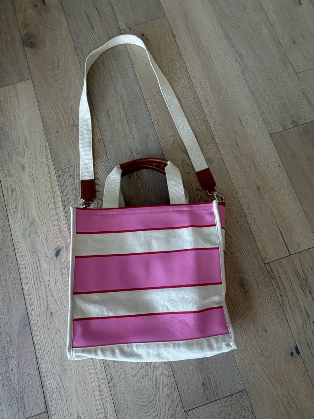⁠Maeve Anthropologie Canvas Tote Bag Pink White Stripes Crossbody Strap Handbag
